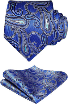 Paisley Wedding Necktie & Handkerchief Set Blue Floral Pattern