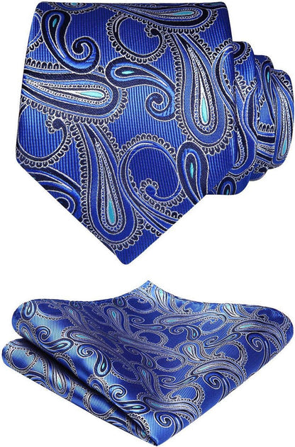 Paisley Wedding Necktie & Handkerchief Set Blue Floral Pattern