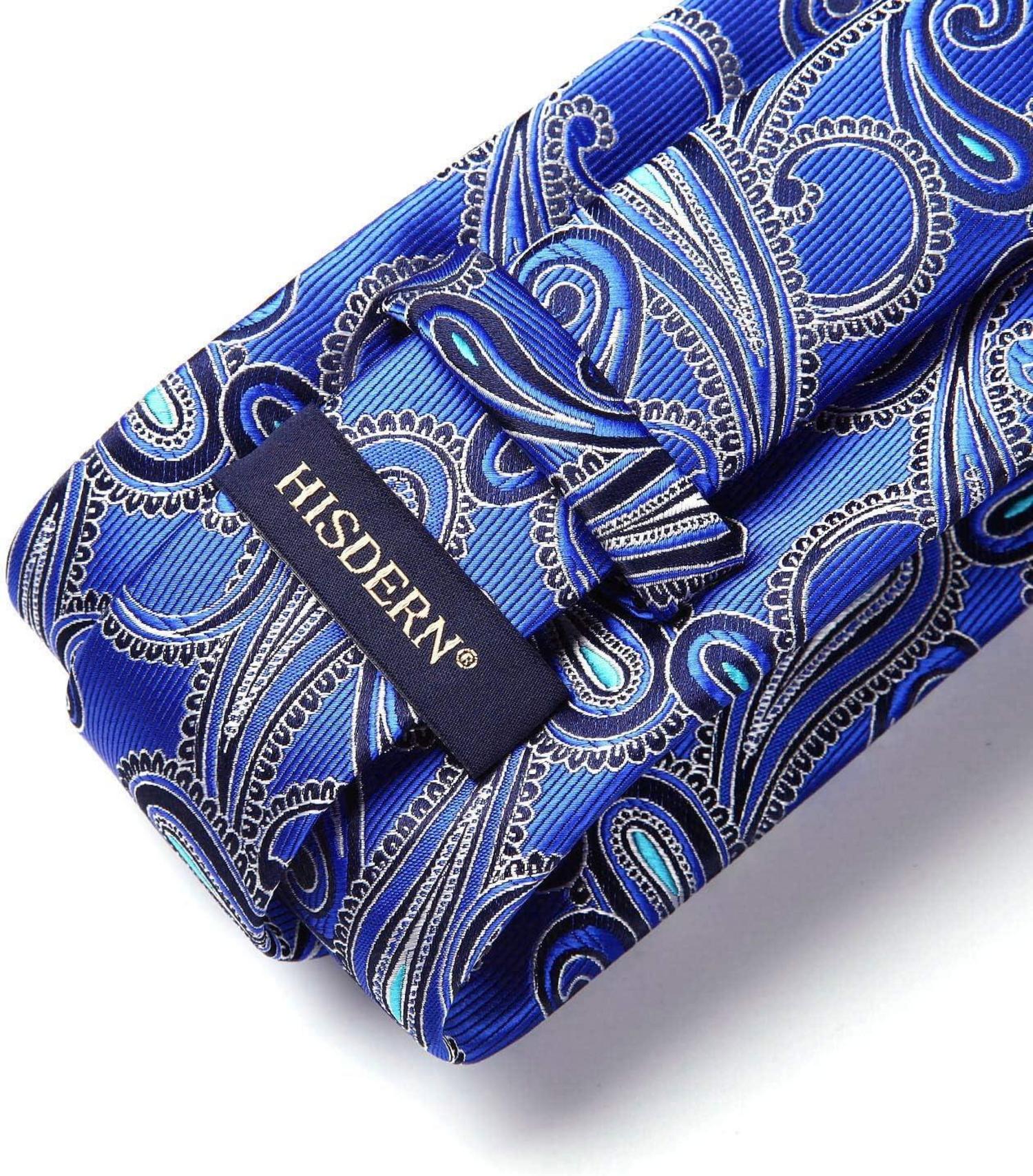 HISDERN Paisley Weave Wedding Tie Blue Floral Necktie & Pocket Square