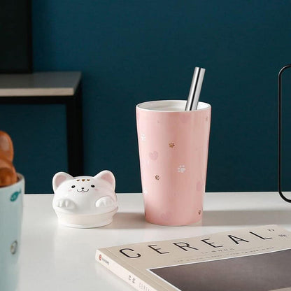 Katzen Kaffeebecher Keramik 3D Katzendeckel Reisebecher Tee 480ml