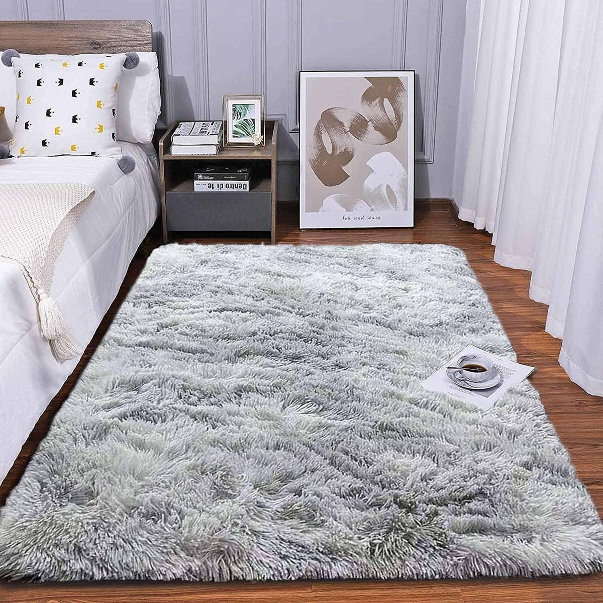 Hochflor Teppich Grau Weiß 200x250 cm Flauschig Weich