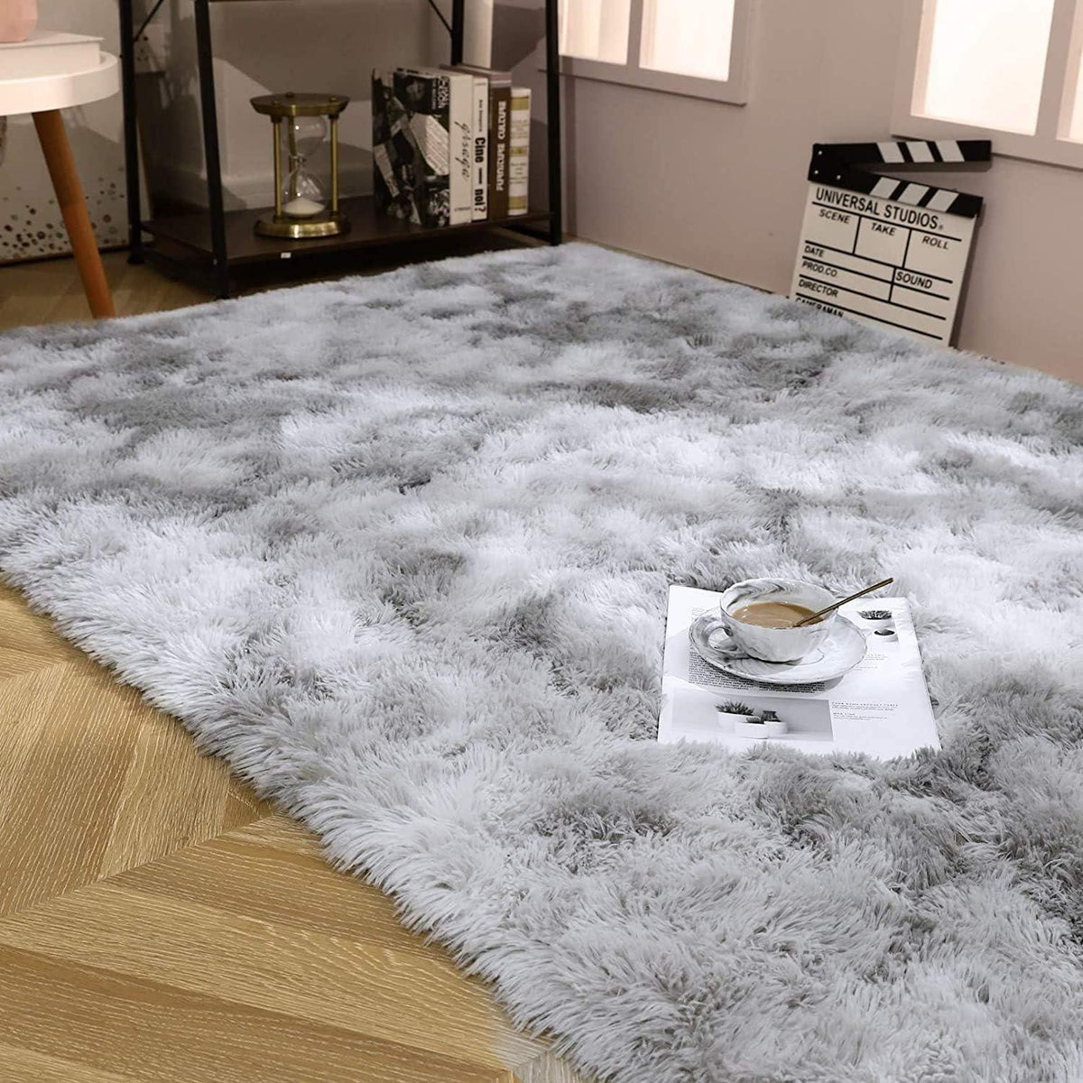 Hochflor Teppich Grau Weiß 200x250 cm Flauschig Weich