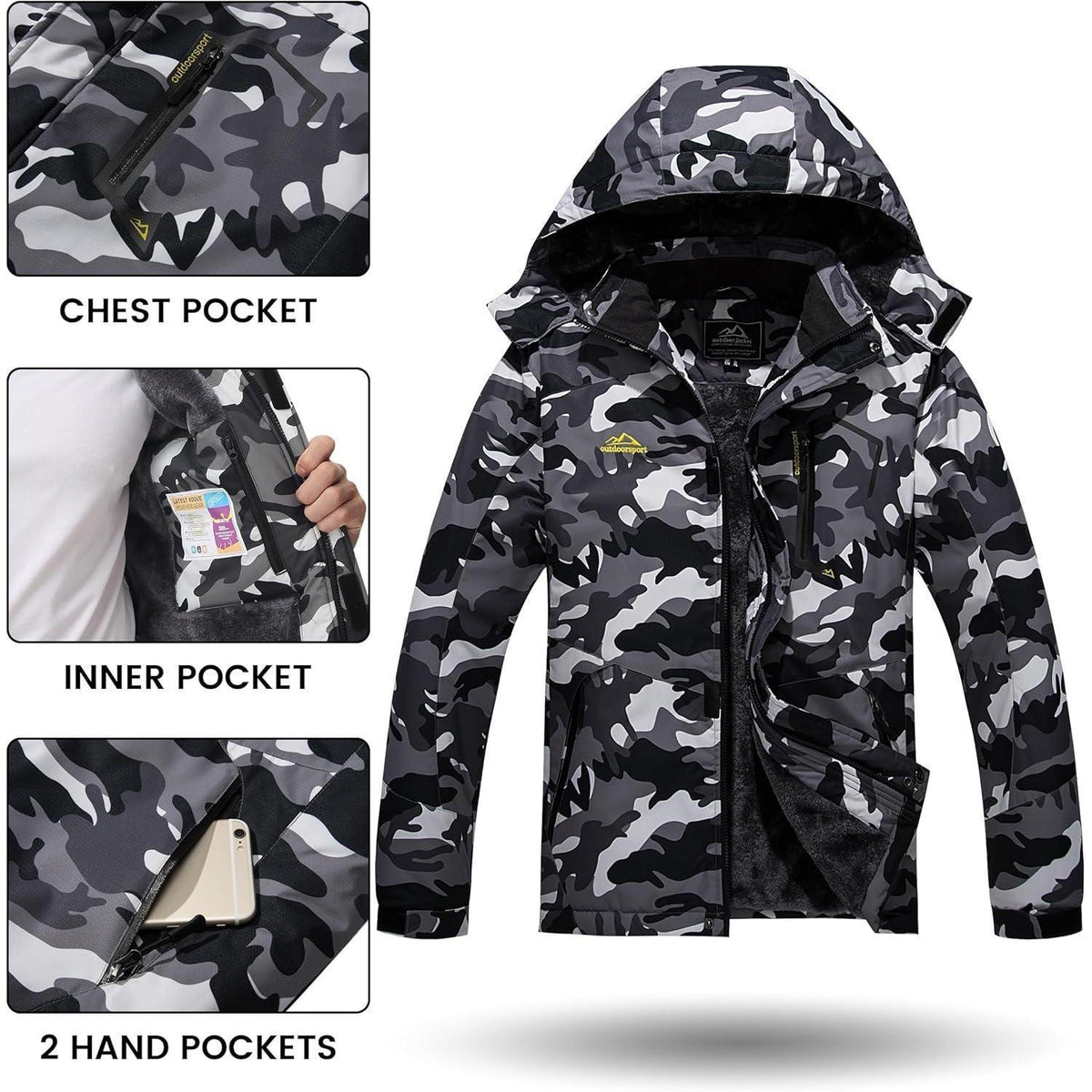 Herren Winterjacke wasserdicht warm gefüttert mit Kapuze XXL Schwarz Camo