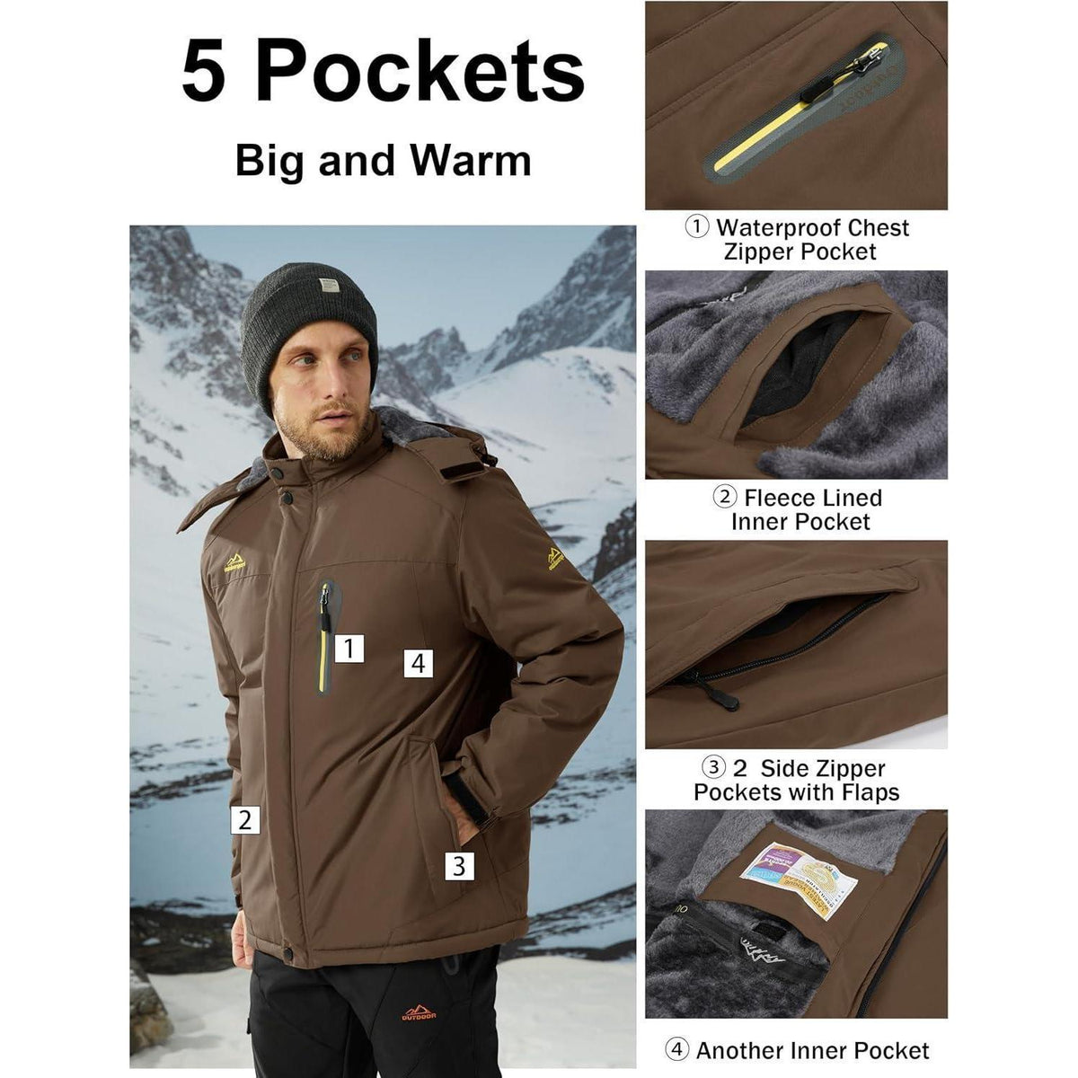 Herren Fleecejacke Winter Warm Gefüttert Skijacke Winddicht Wasserdicht