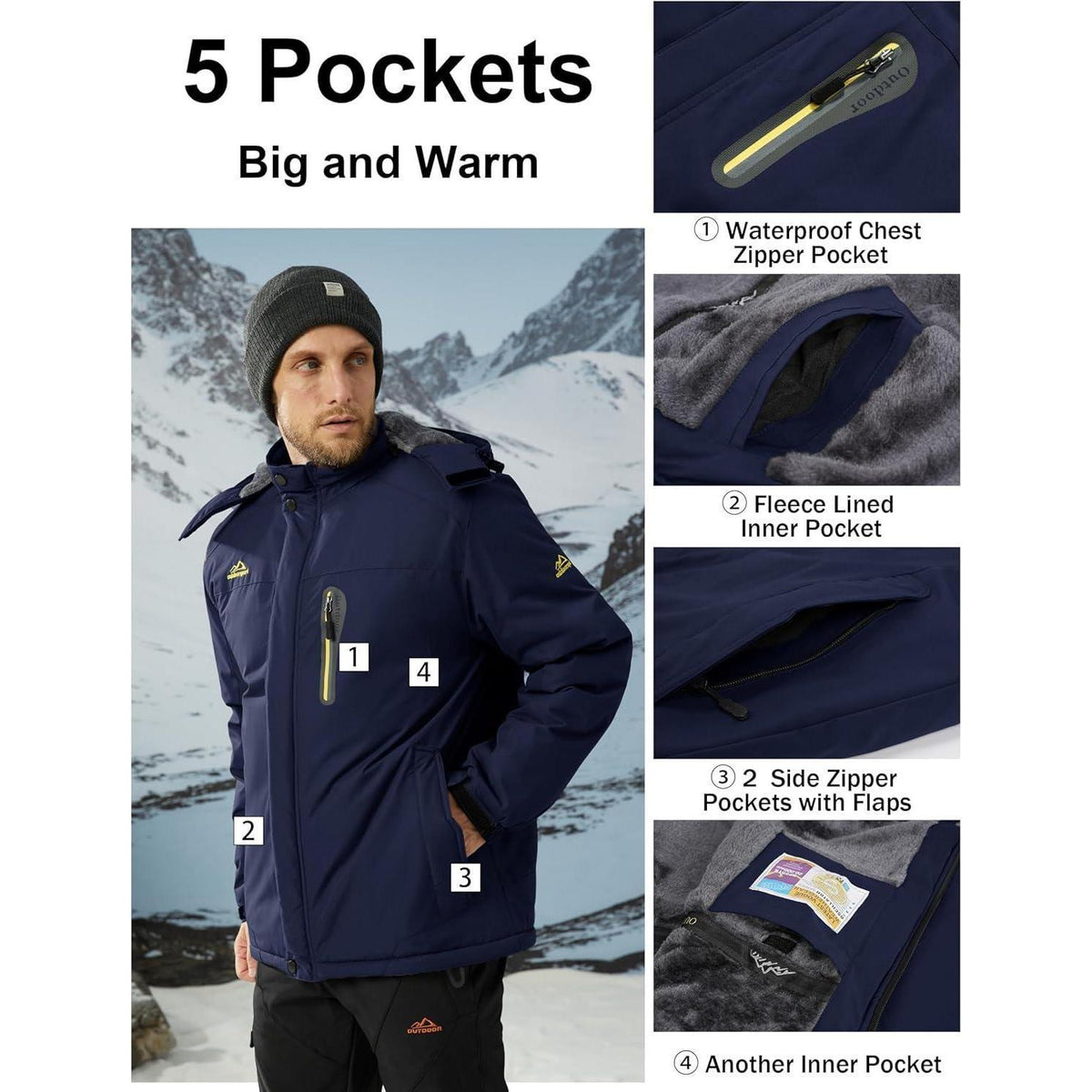 Herren Fleecejacke Winter Warm Gefüttert Winddicht Dunkelblau M
