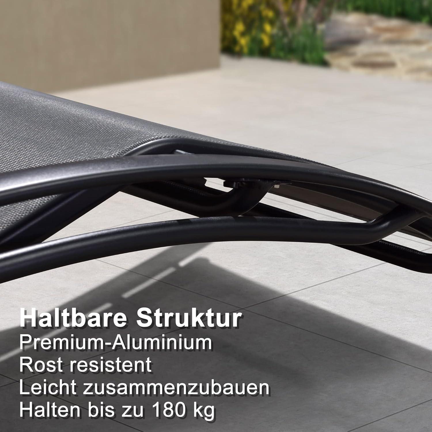 2er Set Sonnenliege Aluminium mit Tisch, Kopfkissen & 5-Fach Verstellbar, Wetterfest, Grau