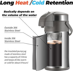 Olerd 3,0 Liter Pumpkannen Thermoskanne Edelstahl Kaffeespender