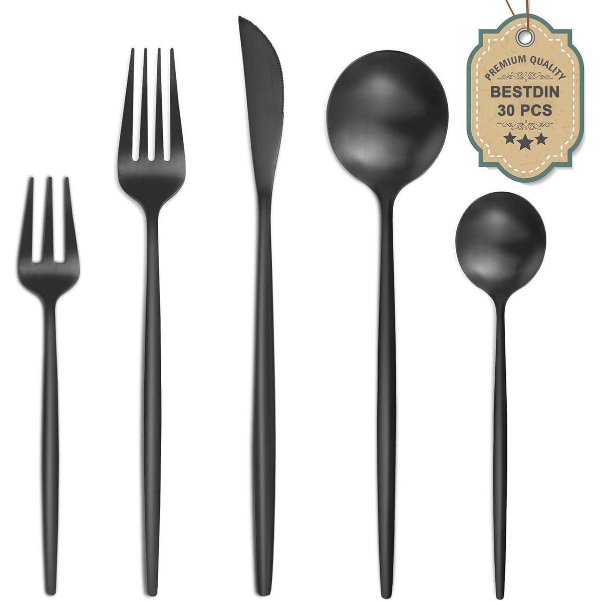 Besteckset 30 Teile für 6 Personen, Edelstahl Schwarz Matt, Spülmaschinenfest