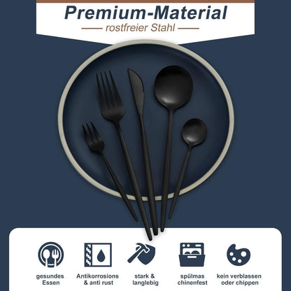 Besteckset 30 Teile für 6 Personen, Edelstahl Schwarz Matt, Spülmaschinenfest