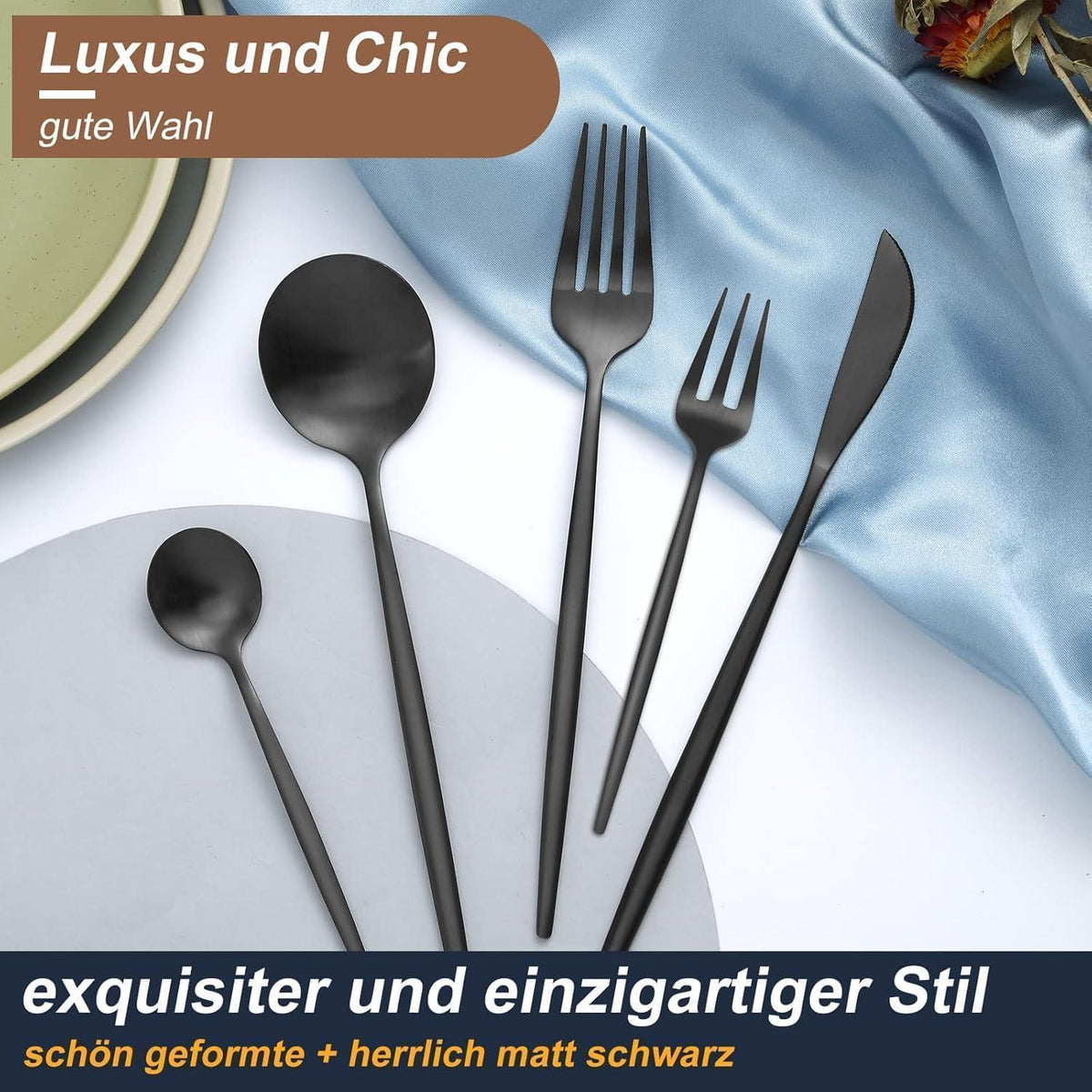 Besteckset 30 Teile für 6 Personen, Edelstahl Schwarz Matt, Spülmaschinenfest
