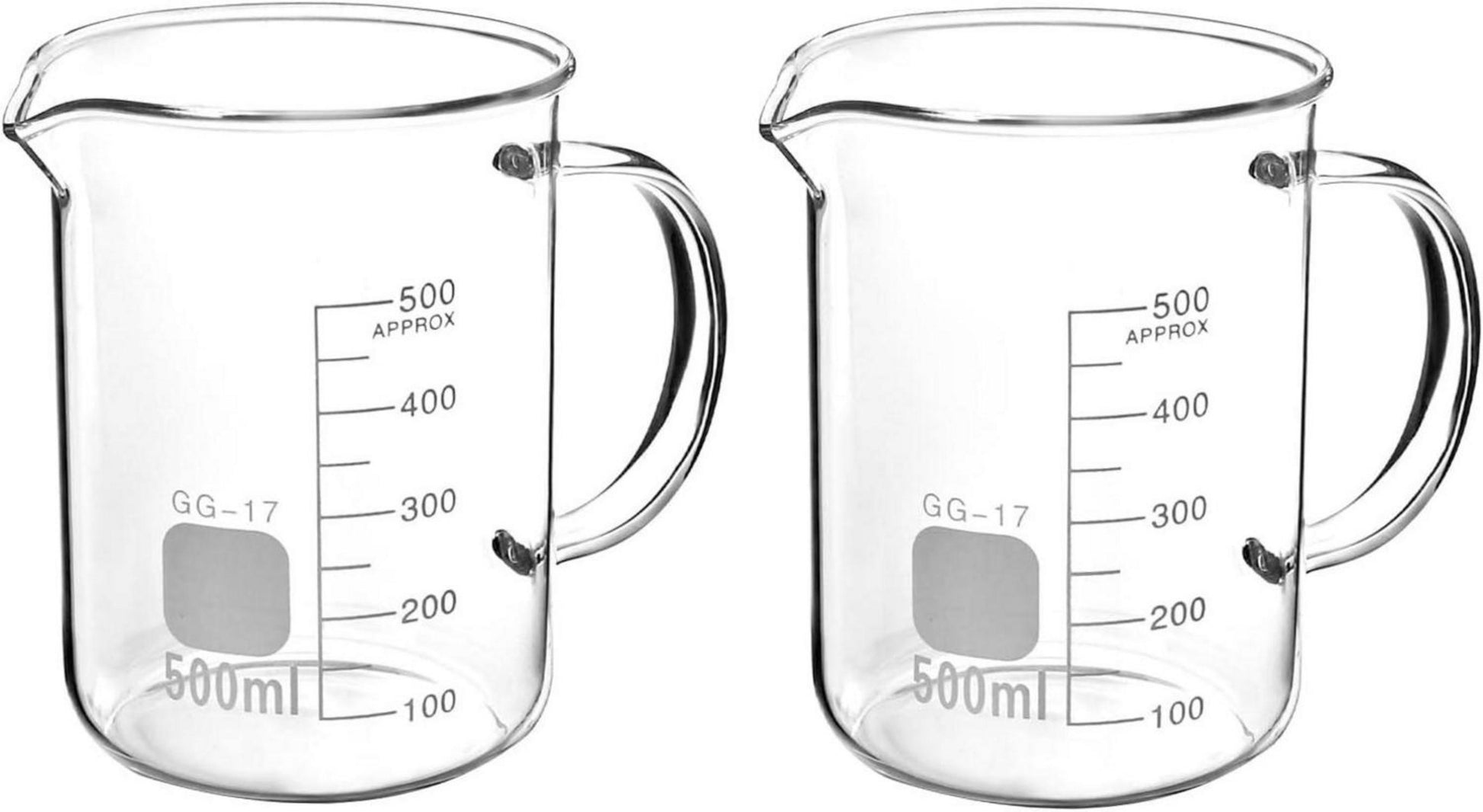 Messbecher 2er Set Borosilikatglas 500 ml, Griff, Skala, Laborqualität