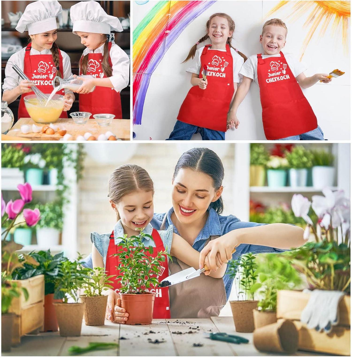 Kinderschürze Mädchen Jungen Kochschürze 2 Taschen Malen Backen Küche Rot