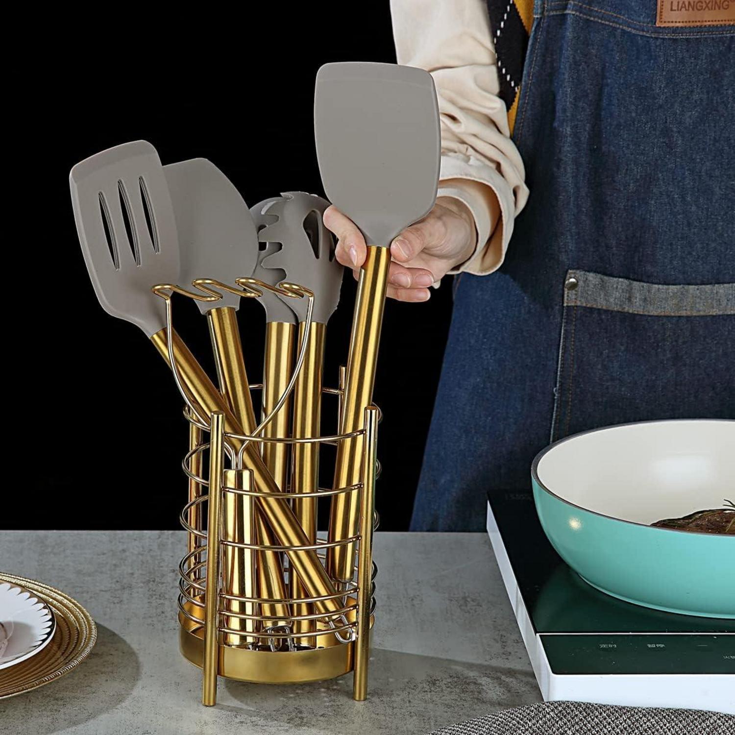 Gold Küchenutensilien Set 38 teilig Antihaft Silikon Edelstahlhalter