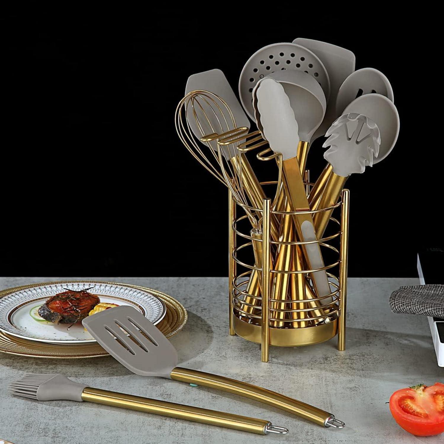 Goldenes 38-teiliges Küchenutensilien Set mit Silikon Kochgeschirr und Edelstahl Utensilienhalter