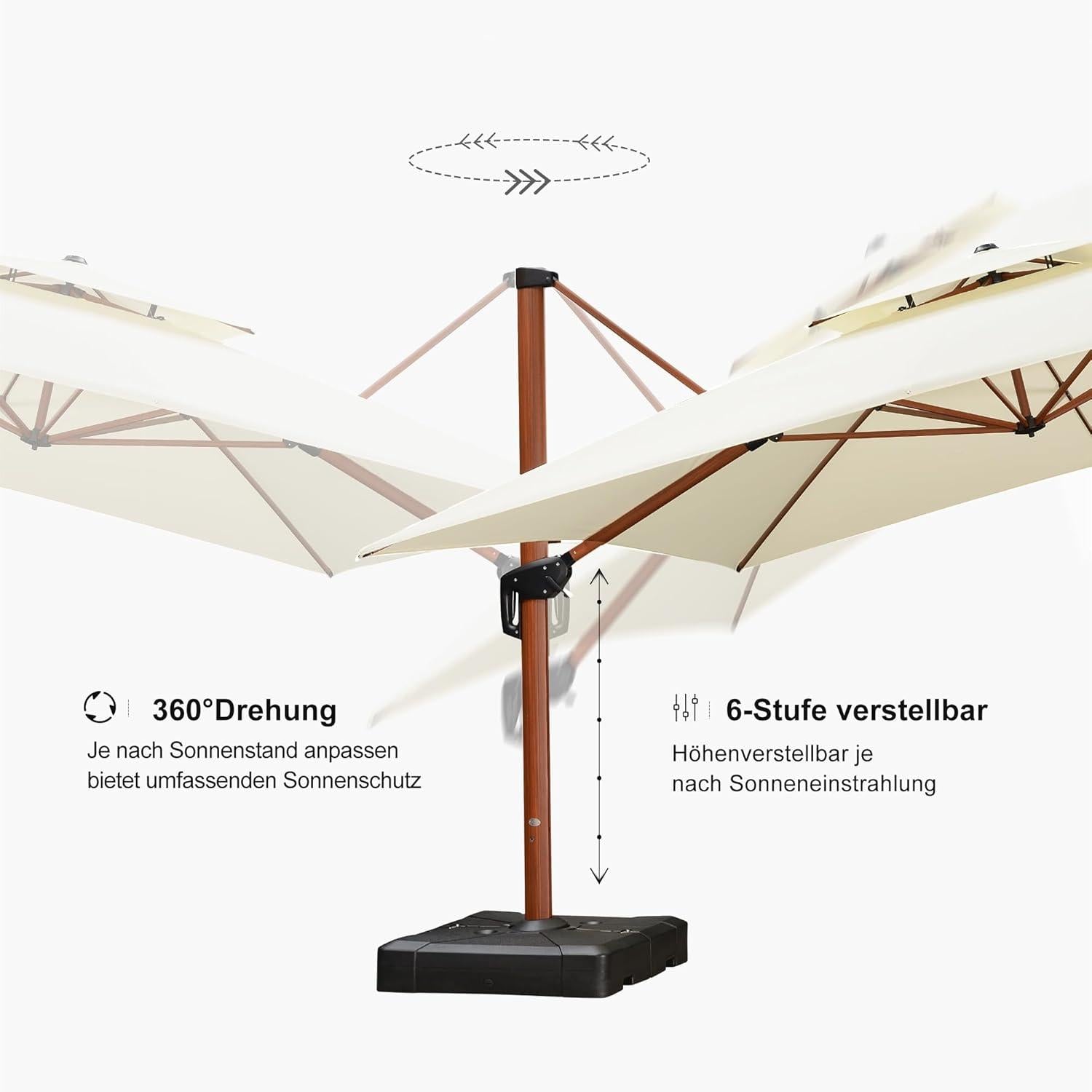 Gartenschirm Ampelschirm 365x365cm Holzoptik Doppeldach UV50+ Cream