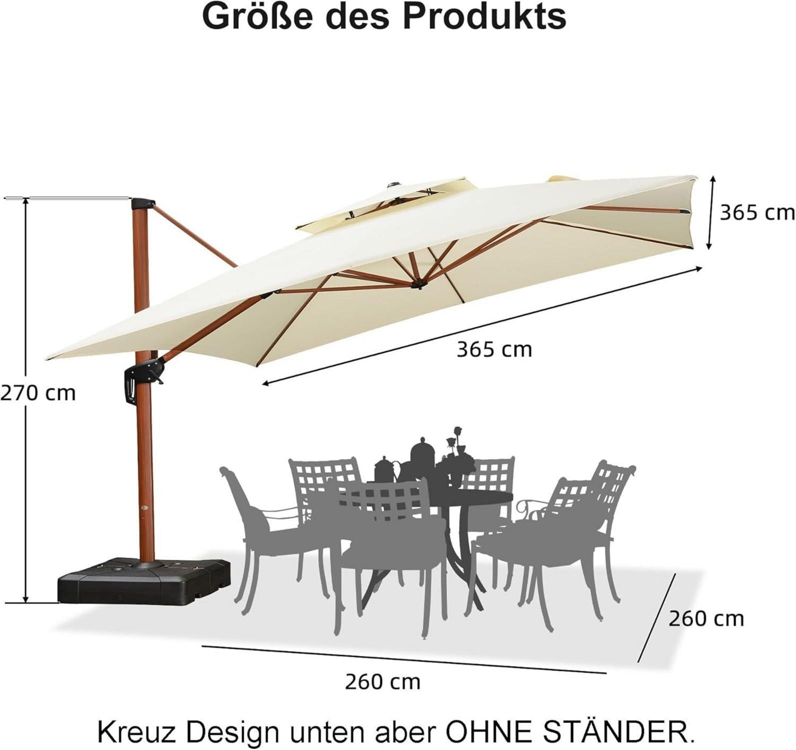Gartenschirm Ampelschirm 365x365cm Holzoptik Doppeldach UV50+ Cream