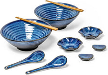Große Ramen Schüssel Set mit Essstäbchen und Löffel, Blau
