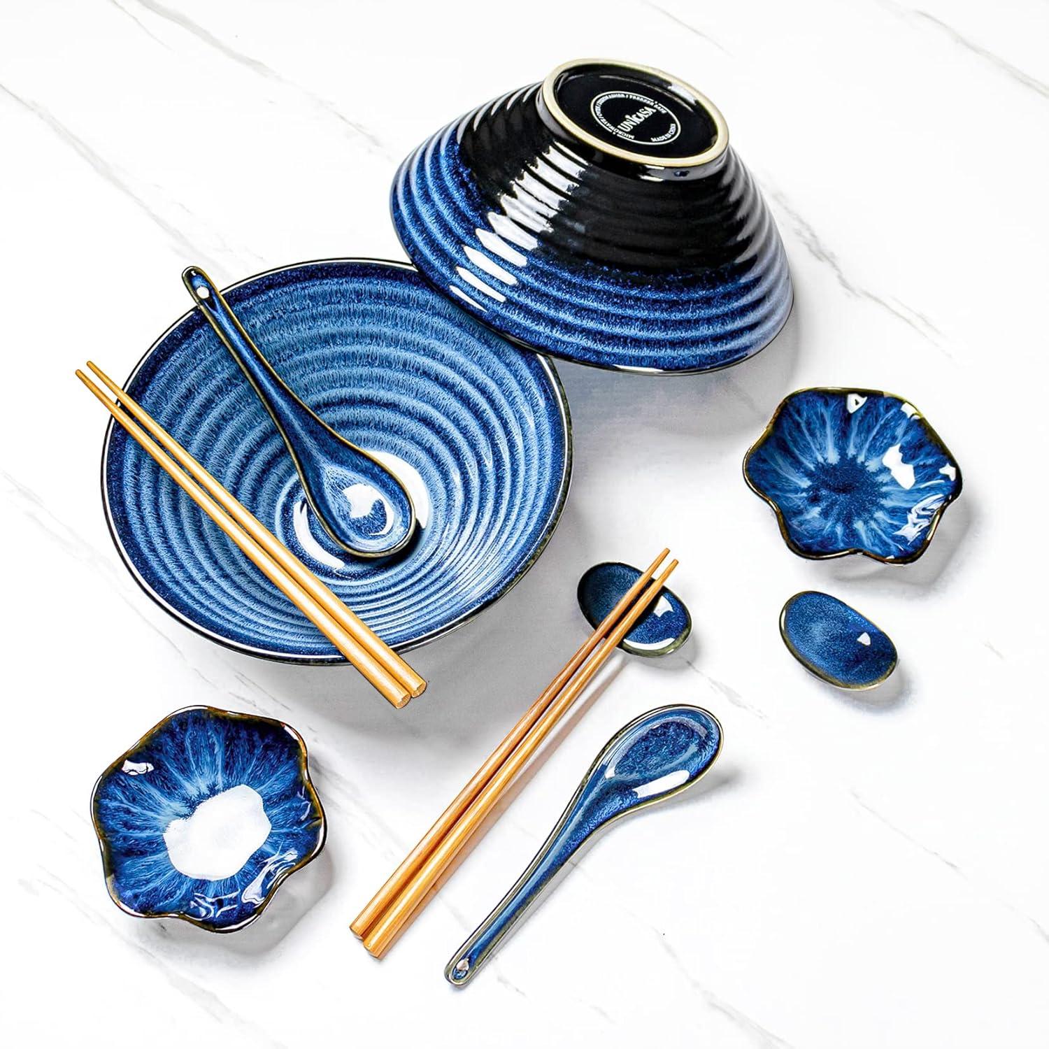 Große Ramen Schüssel Set mit Essstäbchen und Löffel, Blau