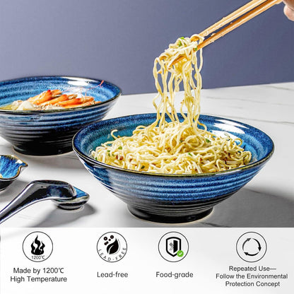 UNICASA Ramen Bowl Set 2x Keramik Bowl Essstäbchen Löffel Blue