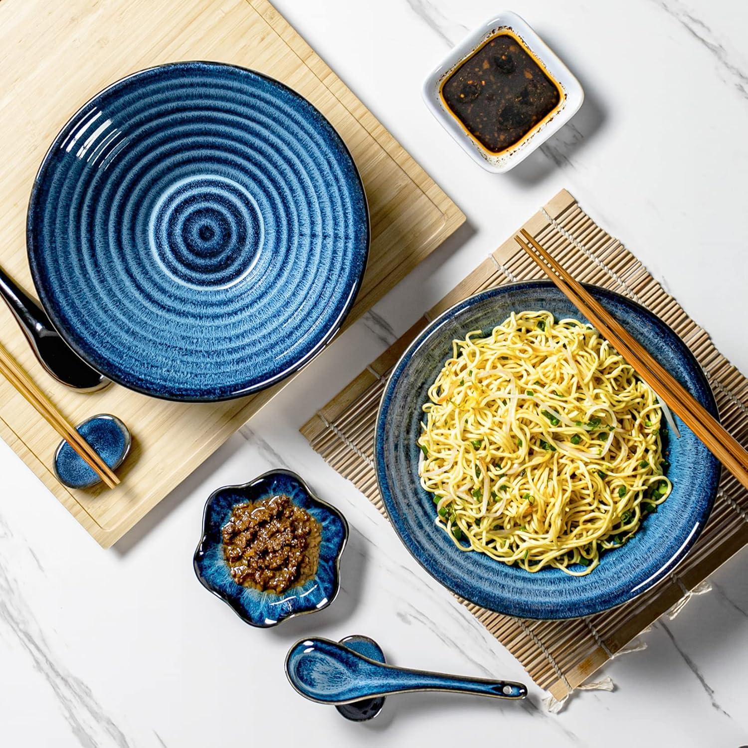 UNICASA Ramen Bowl Set 2x Keramik Bowl Essstäbchen Löffel Blue
