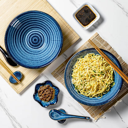 UNICASA Ramen Bowl Set 2x Keramik Bowl Essstäbchen Löffel Blue