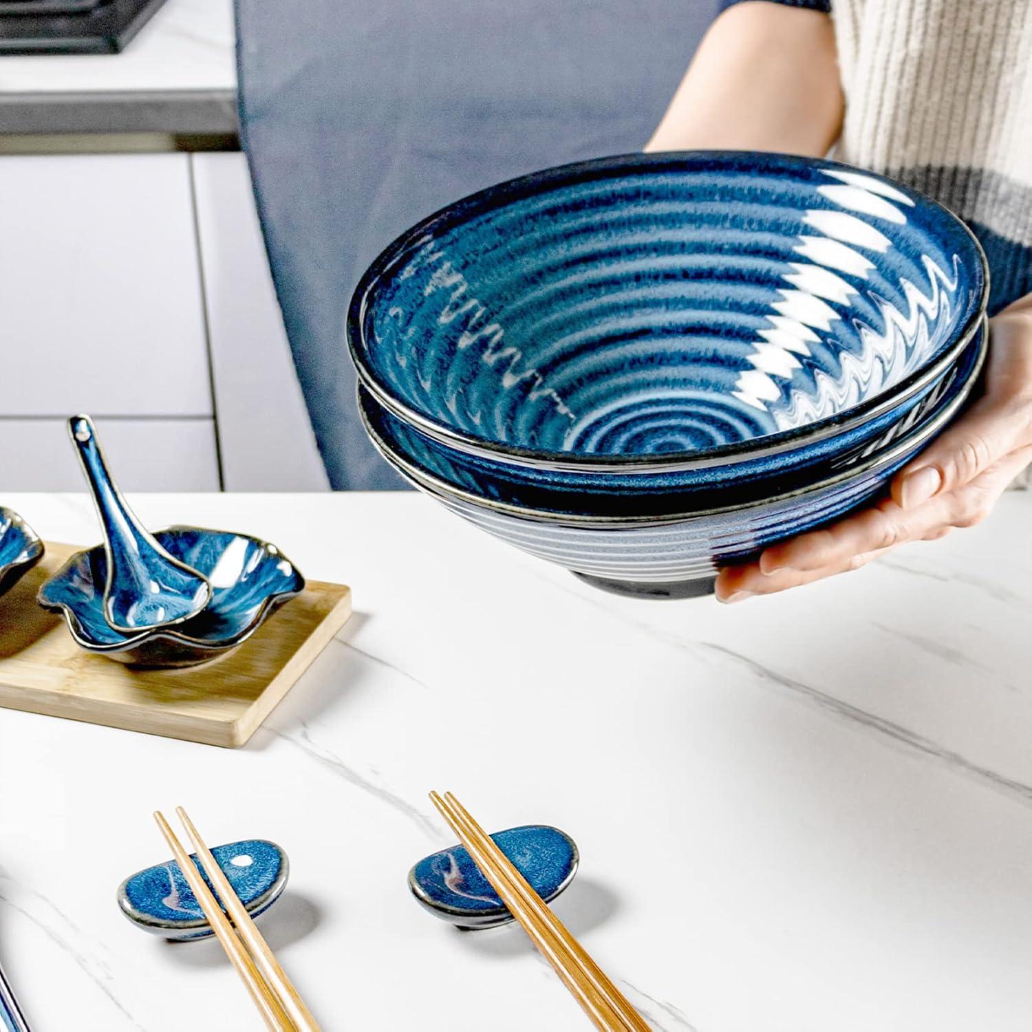 UNICASA Ramen Schüssel Set 2X Schüssel Essstäbchen Löffel Ablage Blau