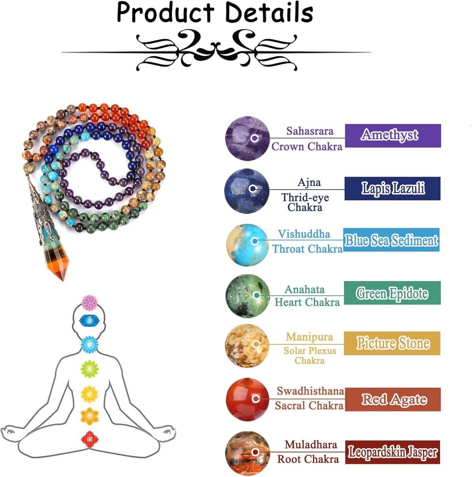 Mala Kette 7 Chakra Schmuck mit Heilkristall-Anhänger