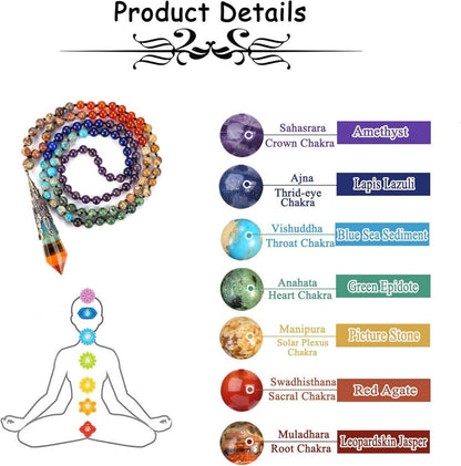 Mala Kette 7 Chakra Schmuck mit Heilkristall-Anhänger