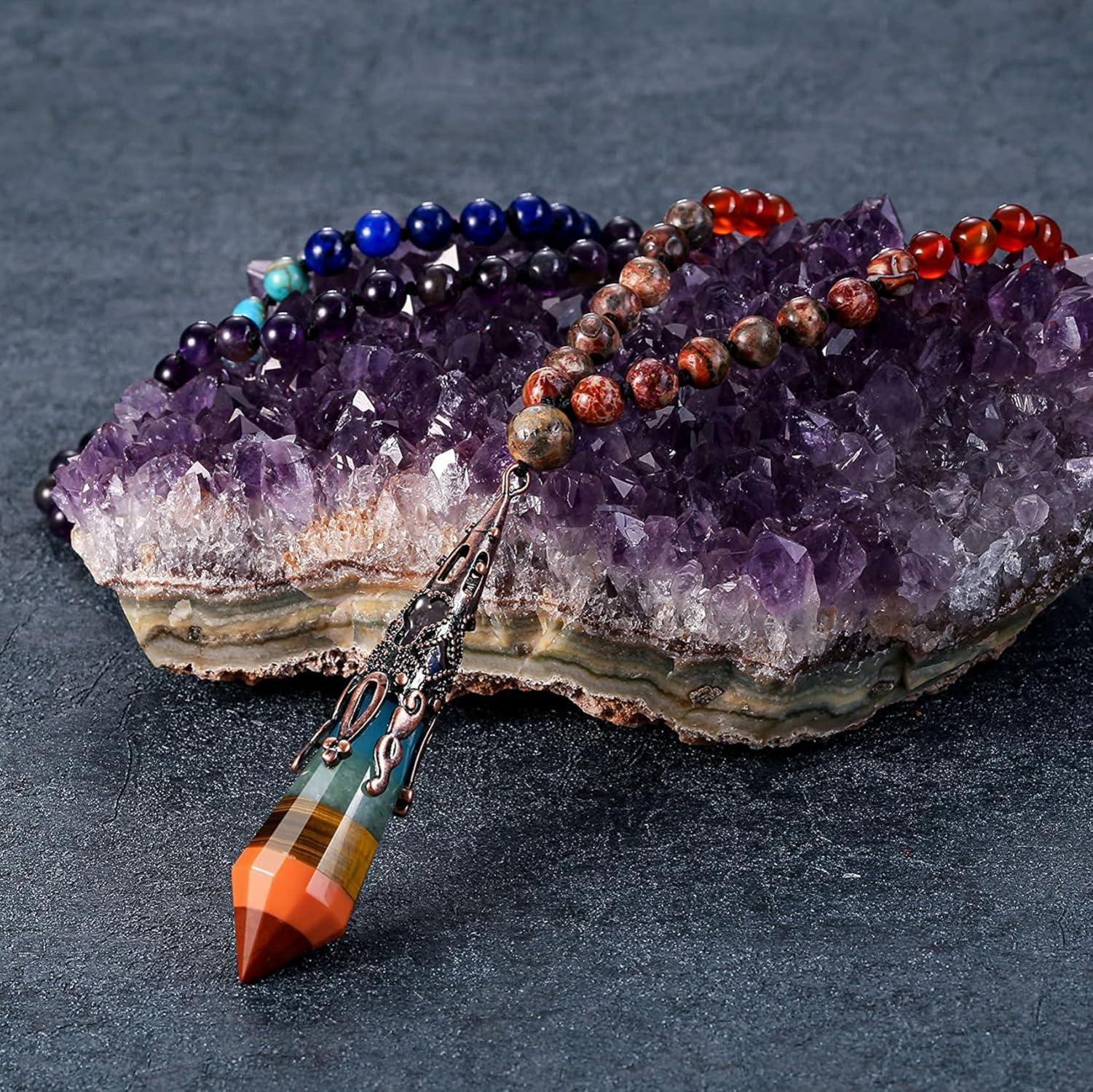 GEHECRST 108 Perlen Mala Kette 7 Chakra Hexagon Anhänger Healing Yoga Halskette