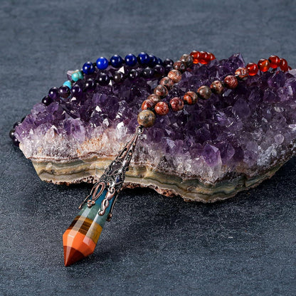 GEHECRST 108 Perlen Mala Kette 7 Chakra Hexagon Anhänger Healing Yoga Halskette