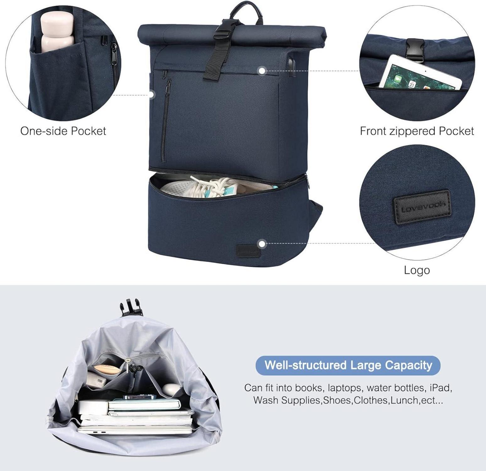 Rolltop Rucksack Herren Damen 17 Zoll Laptoprucksack mit Schuhfach