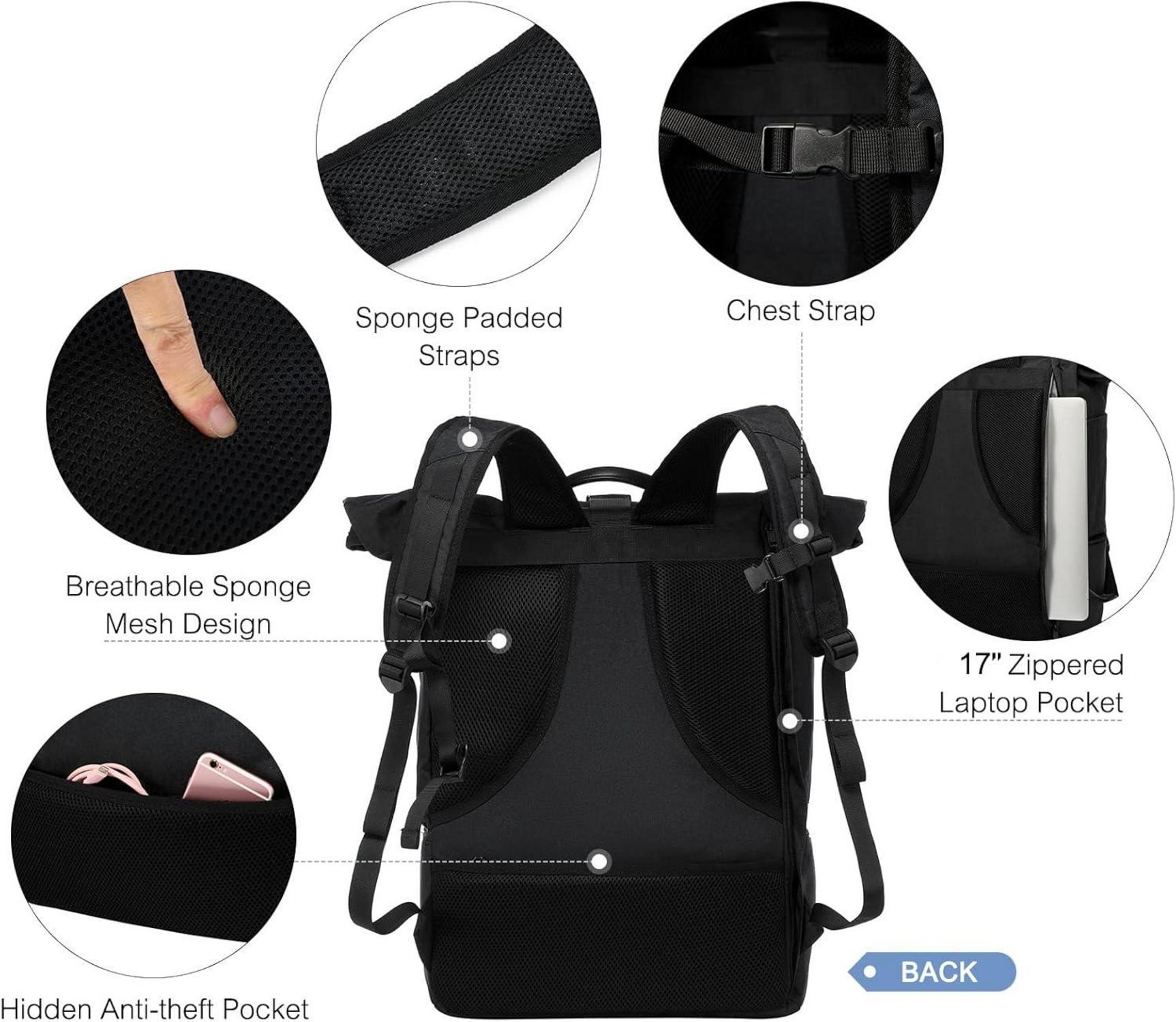 Rucksack Rolltop 17 Zoll Laptop Wasserdicht Schuhfach Schwarz