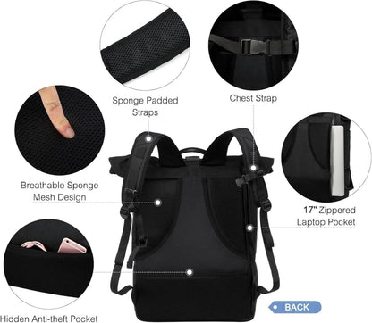 Rucksack Rolltop 17 Zoll Laptop Wasserdicht Schuhfach Schwarz
