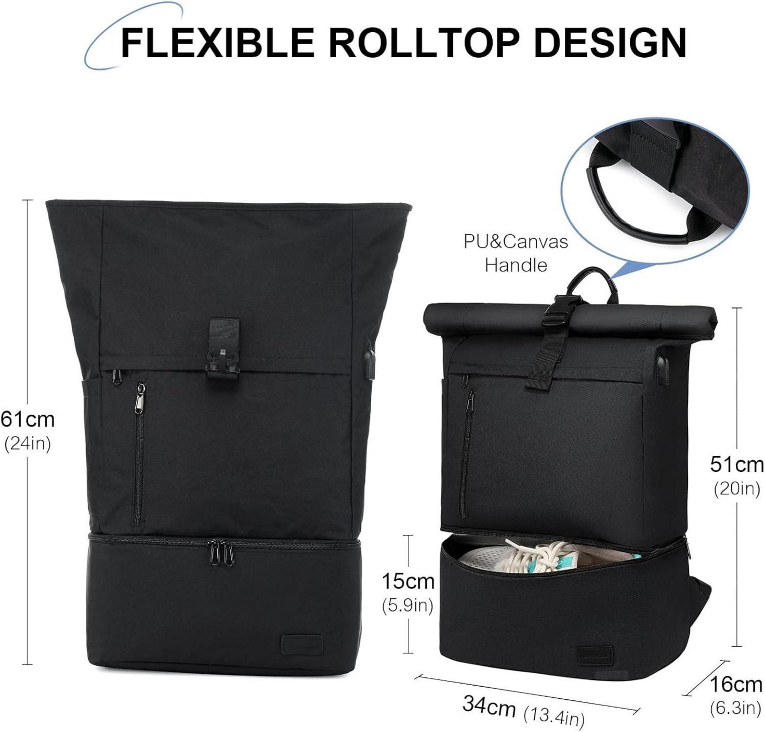 Rolltop Rucksack Schwarz 17 Zoll Laptoprucksack Wasserdicht mit Schuhfach