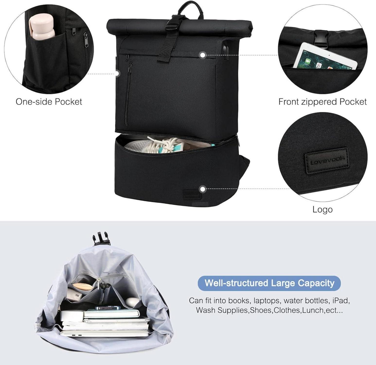 Rolltop Rucksack Wasserdicht 17 Zoll Laptop Schuhfach Schwarz