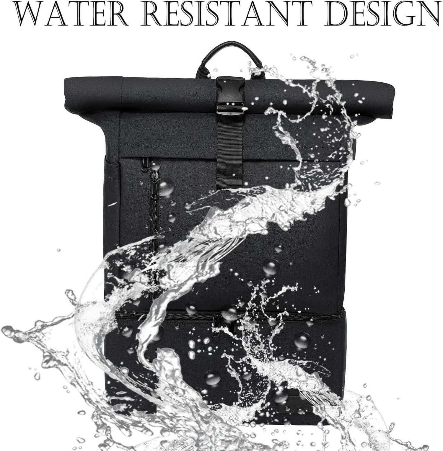 Rolltop Rucksack Schwarz 17 Zoll Laptoprucksack Wasserdicht mit Schuhfach