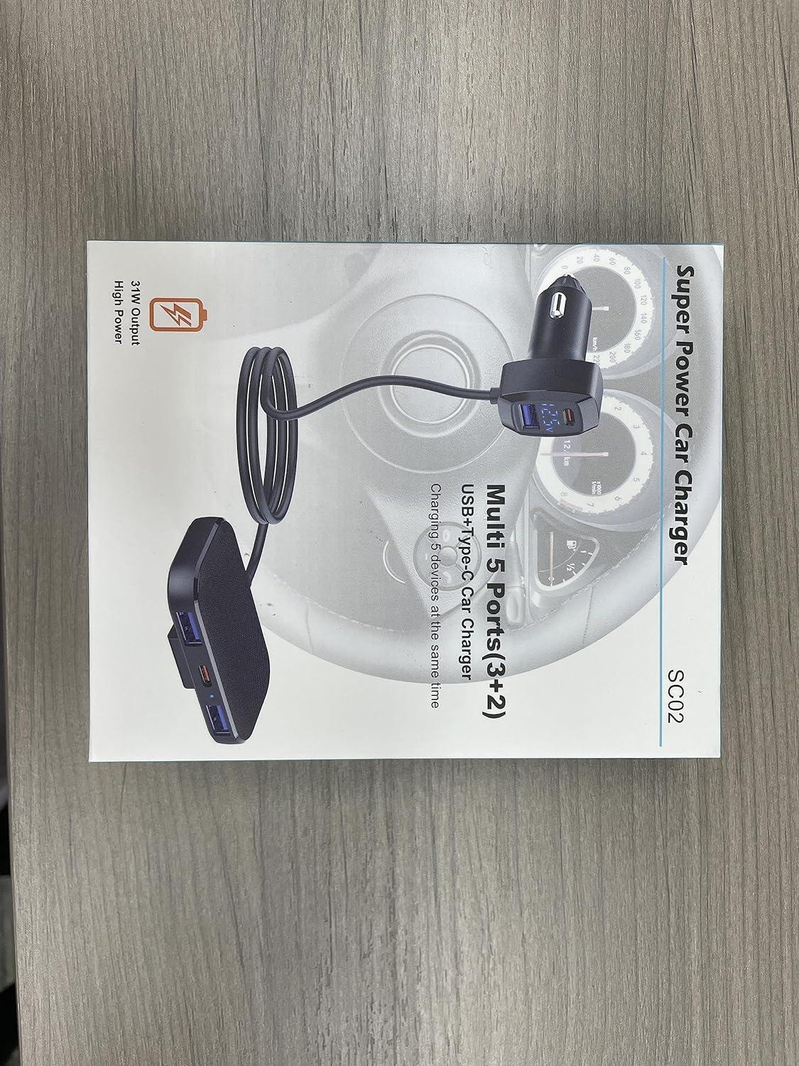 Kfz Ladegerät 5 USB Ports Zigarettenanzünder Adapter 31W(Max) 3 USB-A 2 Typ-C Auto Steckdose mit 1,5M Kabel
