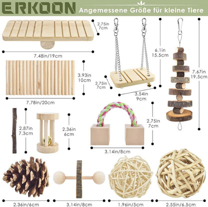 ERKOON Hamster Spielzeug 12 Stück Naturholz Kauspielzeug