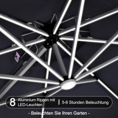 Sonnenschirm Ø 330 cm LED Solar Beleuchtung UV50+ Grau
