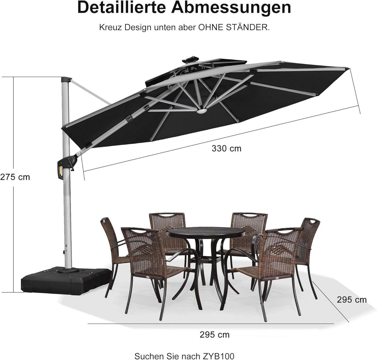 Sonnenschirm LED Solar Ø 330 cm Ampelschirm mit Kurbel Grau