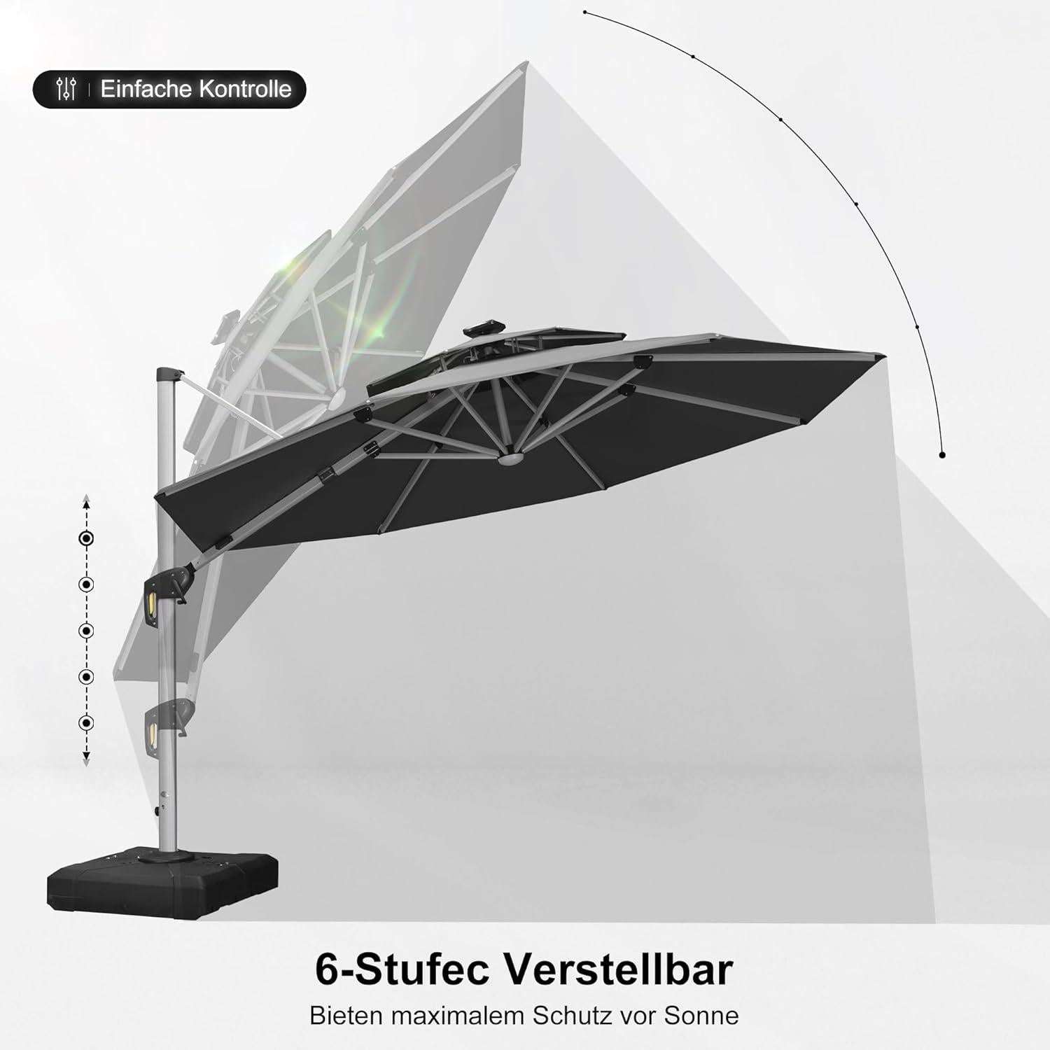 Sonnenschirm Ø 330 cm LED Solar Beleuchtung UV50+ Grau