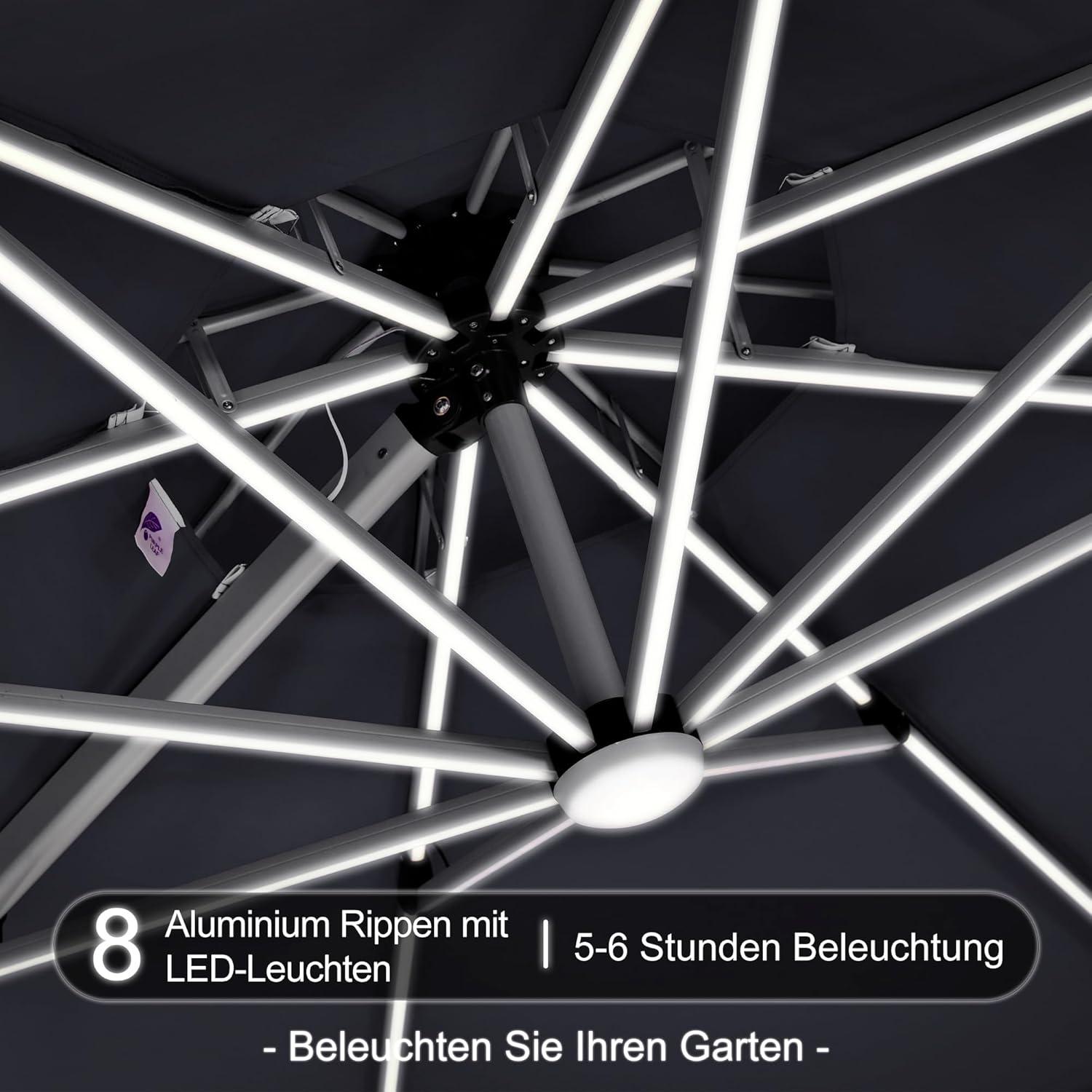 Sonnenschirm LED Beleuchtung Ampelschirm Ø 365 cm UV50+ Grau