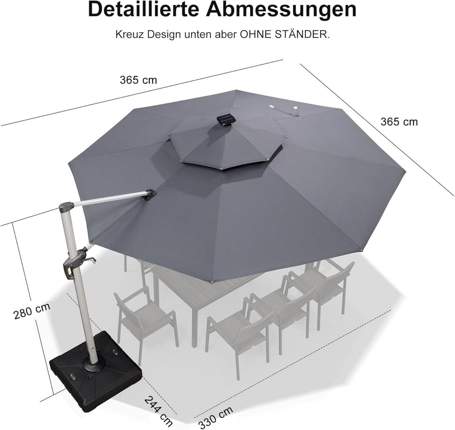 Sonnenschirm LED Ampelschirm Ø 365cm 360° Rotation Kurbel UV50+ Grau