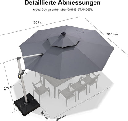 Sonnenschirm LED Ampelschirm Ø 365cm 360° Rotation Kurbel UV50+ Grau