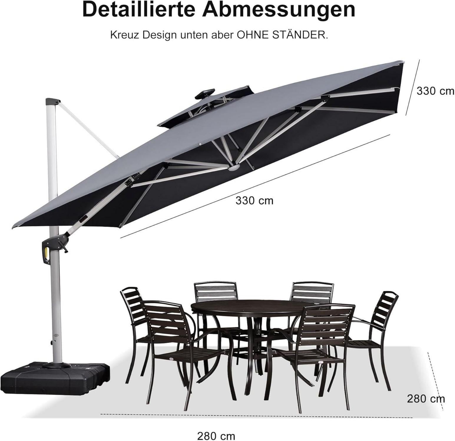Sonnenschirm LED Beleuchtung Ampelschirm 330x330 cm UV50+ Grau