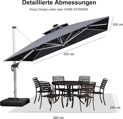 Sonnenschirm LED Beleuchtung Ampelschirm 330x330 cm UV50+ Grau