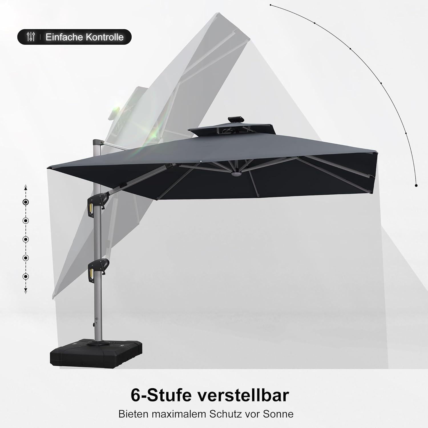 Sonnenschirm LED Solar 300x300cm 360° Rotation Grau