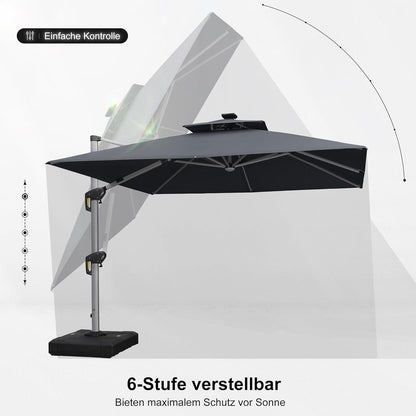 Sonnenschirm LED Solar 300x300cm 360° Rotation Grau