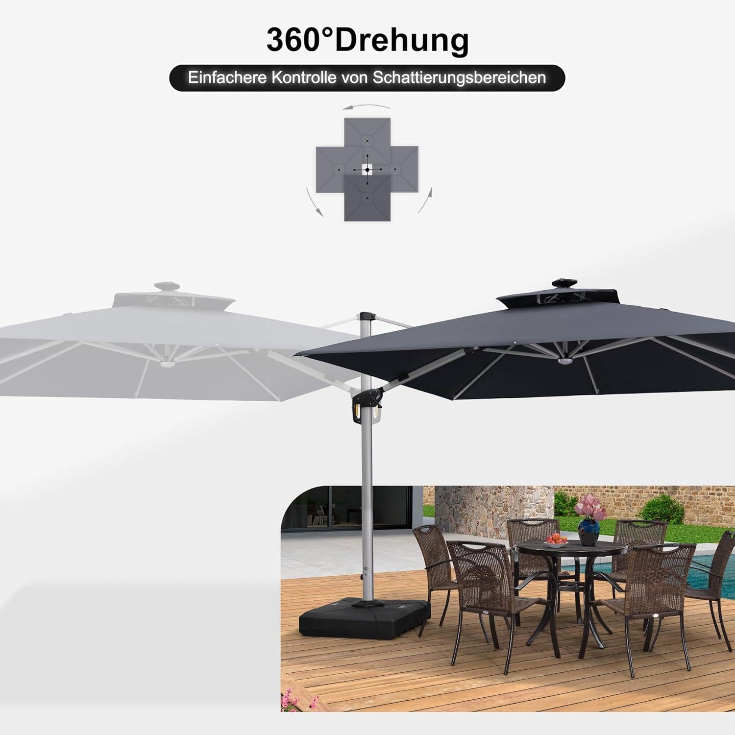 Ampelschirm 300x300 cm LED Solar Beleuchtung Grau