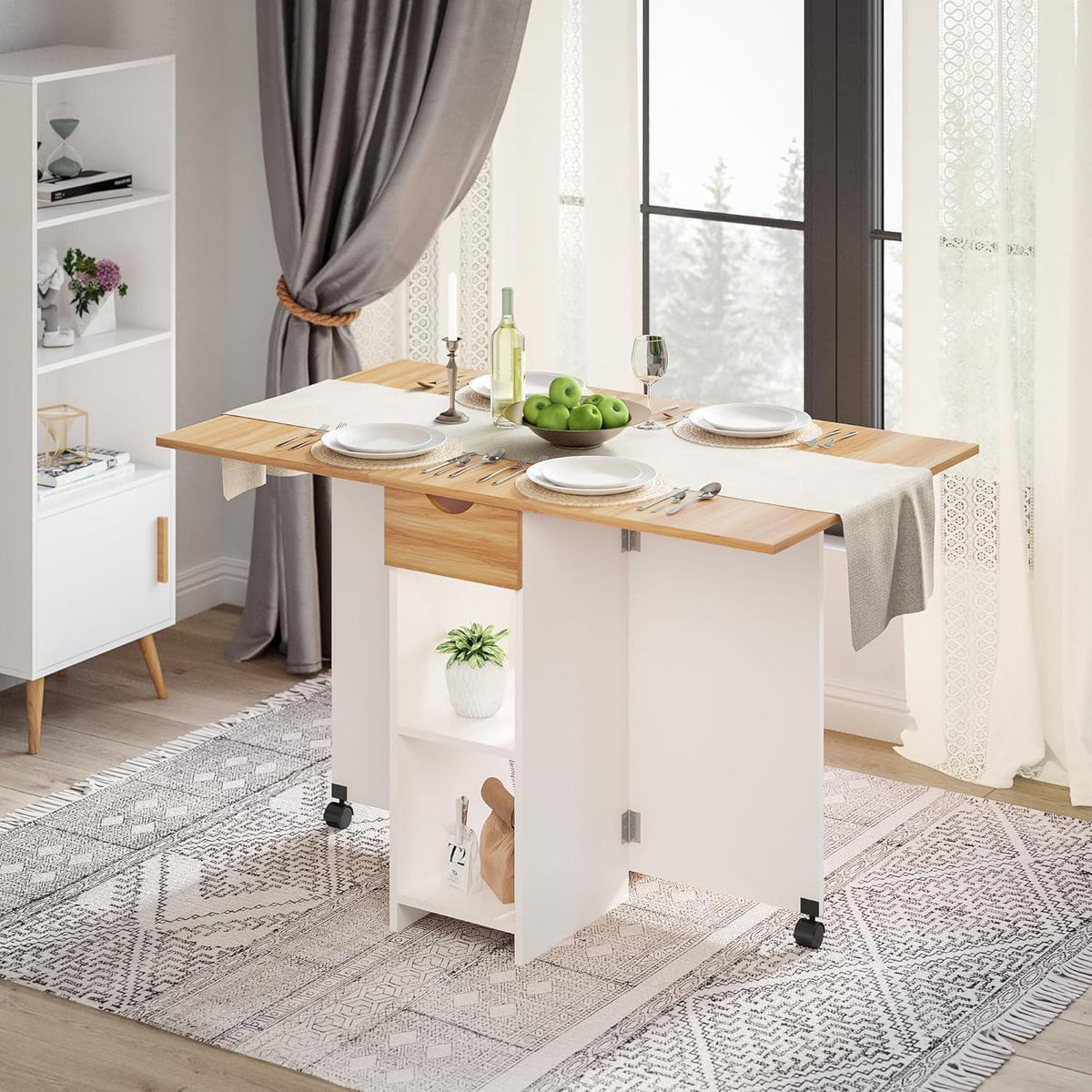 Mobiler Klapptisch mit Schublade und Ablagen, Weiß/Roteiche